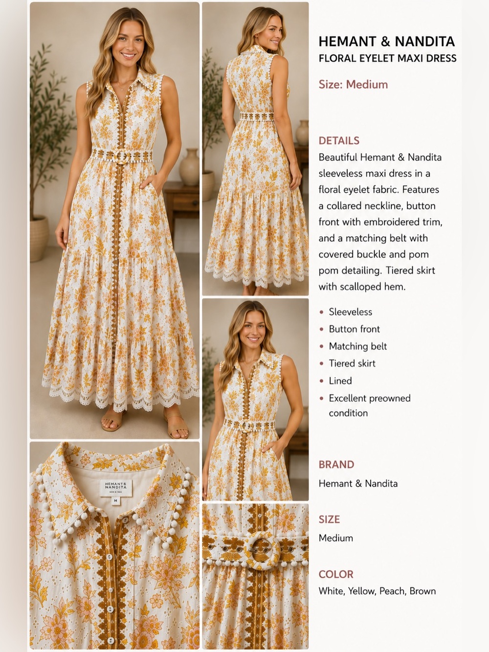 HEMANT & NANDITA White and Yellow Floral Eyelet Maxi Dress with Belt